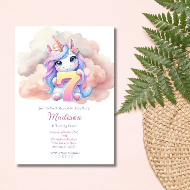 Invitation Anniversaire 7 ans Licorne Rose Bleu Violet Fille  (Girls Unicorn 7th Birthday invitation. Printed or Digital Download. Watercolor Pink Blue Purple)