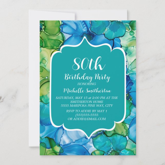 Invitation Anniversaire 80 Ans Aquarelle Bleu Vert (Devant)