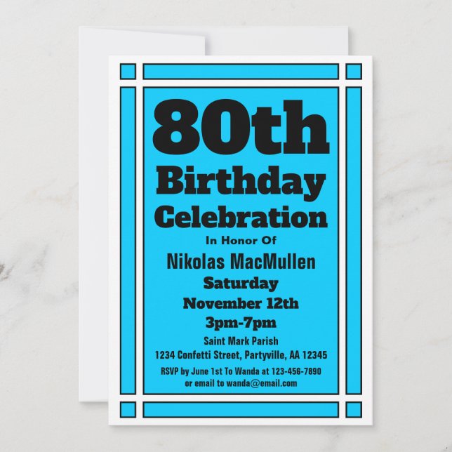 Invitation Anniversaire 80 ans Bleu Clair (Devant)