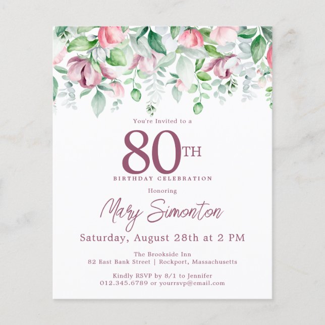Invitation anniversaire 80 ans Budget Rose Floral (Devant)