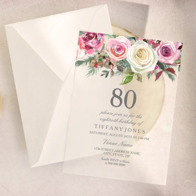 Invitation Anniversaire 80 Ans Fleur Rose Blanche  (Créateur téléchargé)