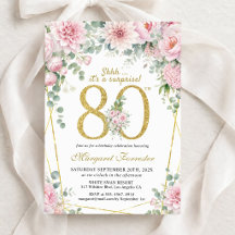 Invitation Anniversaire 80 ans Fleurs Rose Poudré