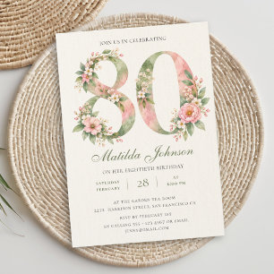 Invitation Anniversaire 80 ans Floral Vert Sauge Rose Poussié