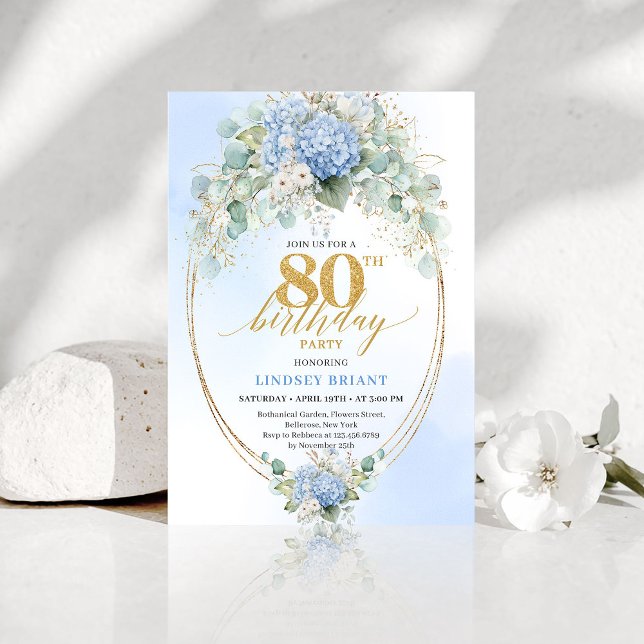 Invitation Anniversaire 80 Ans Hydrangea Bleu Roma (Romantic Blue Hydrangea Gold 80th Birthday Invitation)