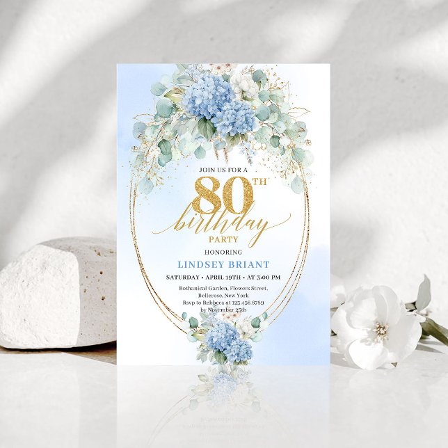 Invitation Anniversaire 80 Ans Jardin Floral Bleu  (Romantic Blue Garden Floral 80th Birthday Invite)