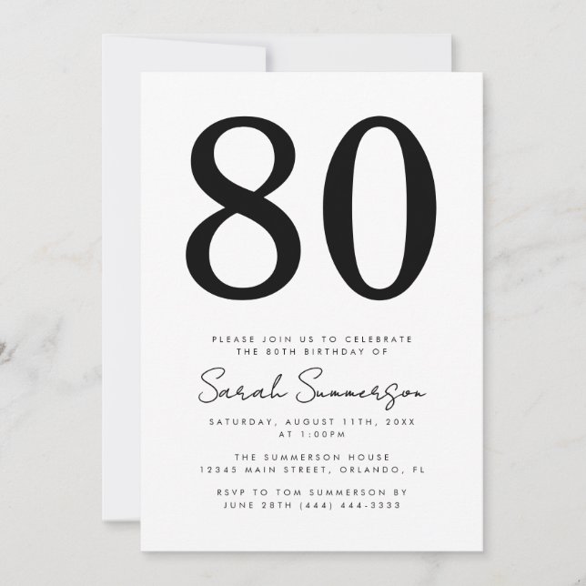 Invitation Anniversaire 80 ans noir et blanc écriture moderne (Devant)