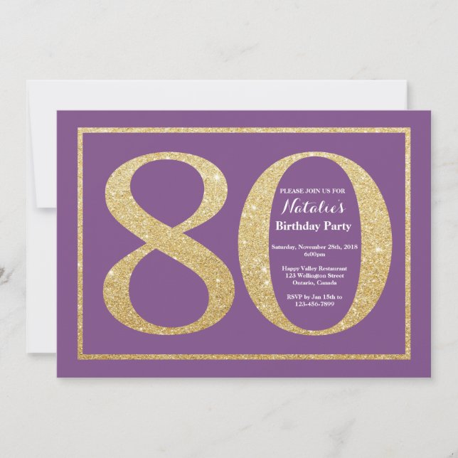 Invitation Anniversaire 80 Ans Paillettes Violette (Devant)