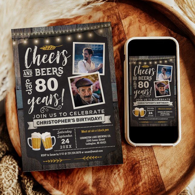 Invitation anniversaire 80 ans Photo Cheers and Be (Photo Cheers and Beers 80th Birthday Invitation)