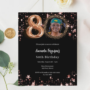 Invitation anniversaire 80 ans photo or rose noir