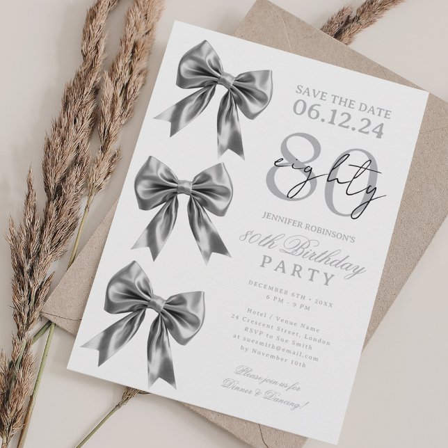 Invitation anniversaire 80 ans Silver Coquette Bow (Silver Coquette Bow Save Date 80th Birthday Party Invitation)