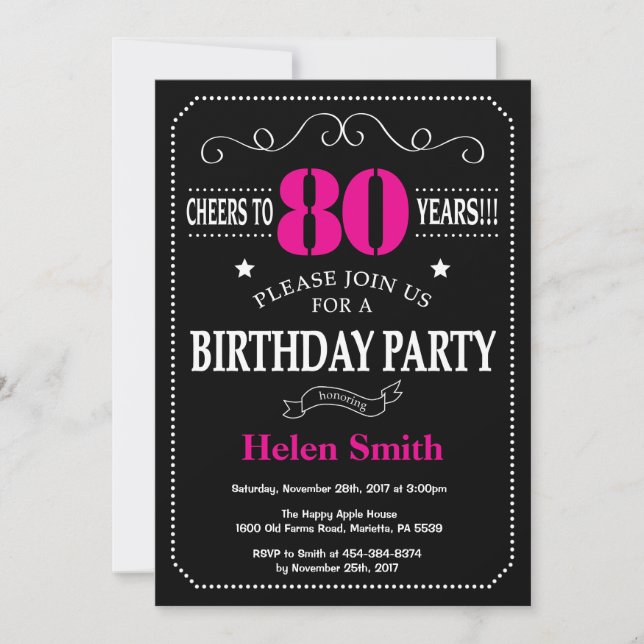 Invitation Anniversaire 80 Ans Tableau Noir Rose C (Devant)