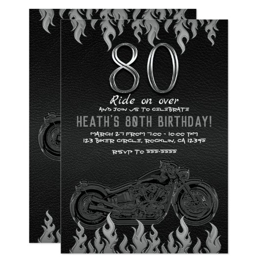 Invitation Anniversaire 80 Argente En Cuir Noir De Moto Zazzle Fr