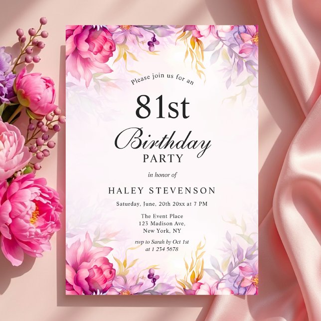 Invitation Anniversaire 81 Ans Chic Fleurie Pastel (Créateur téléchargé)