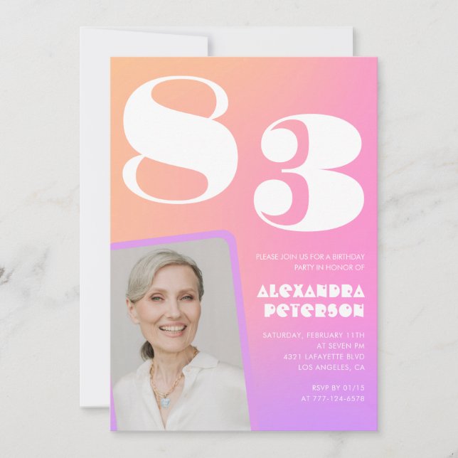 Invitation Anniversaire 83 ans dégradé rose rétro (Devant)