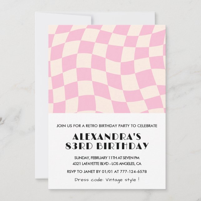 Invitation Anniversaire 83 ans rétro vintage rose damier (Devant)