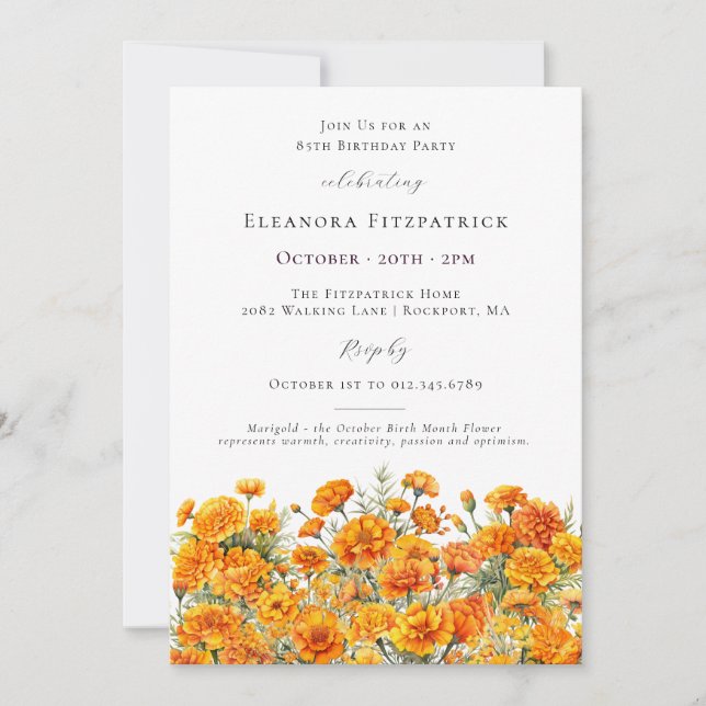 Invitation Anniversaire 85 ans Marigold Fleur du mois de nais (Devant)