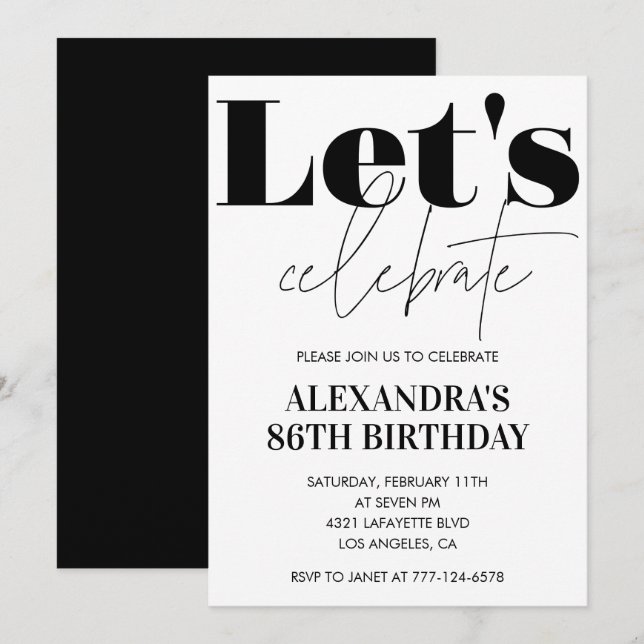 Invitation anniversaire 86 ans Noir et Blanc Moder (Devant / Derrière)