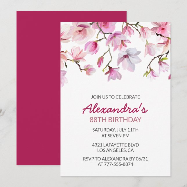 Invitation anniversaire 88 ans Fleurs aquarelle ro (Devant / Derrière)