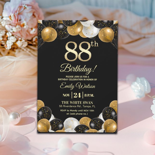 Invitation Anniversaire 88 ans paillettes noir élégant  (Créateur téléchargé)