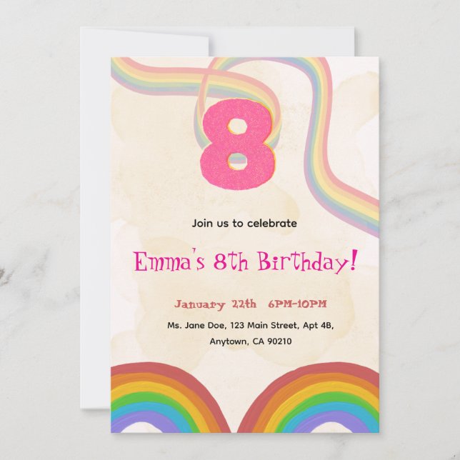 Invitation anniversaire 8 ans arc-en-ciel, fille r (Devant)