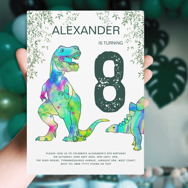 Invitation Anniversaire 8 ans Dinosaure T-Rex Jungle Vert (Dinosaur T-Rex Roar Jungle 8th birthday party invitation colorful dino stegosaurus green typography )