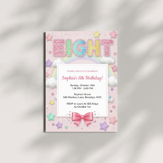 Invitation Anniversaire 8 ans fille arc-en-ciel pastel paille