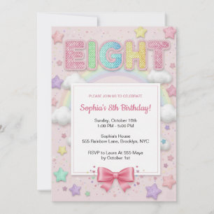 Invitation Anniversaire 8 ans fille pastel arc-en-ciel paille