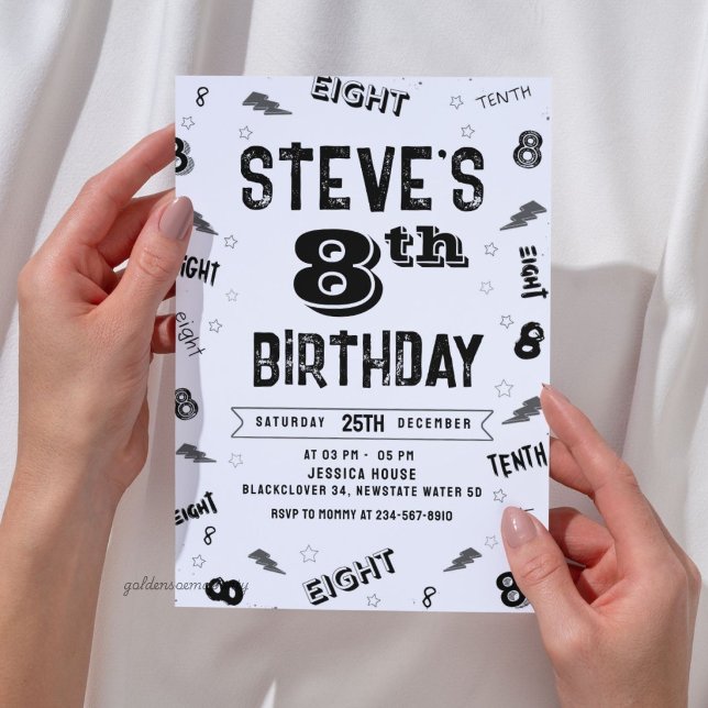 Invitation anniversaire 8 ans numéro alphabet (8th Birthday Party Number Alphabet Invitation)