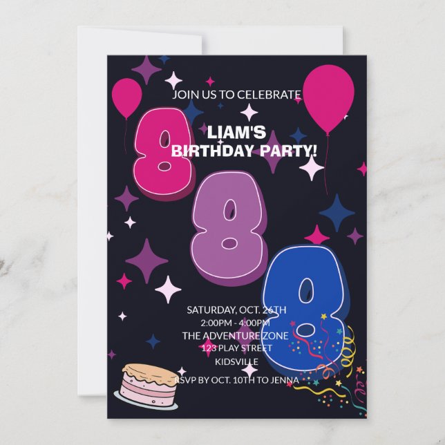Invitation Anniversaire 8 ans vibrant  | Confettis Rose Bleu (Devant)