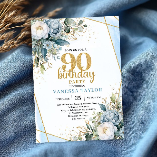 Invitation anniversaire 90 ans cadre or floral ble (Modern Blue Floral Gold Frame 90th Birthday Invite)