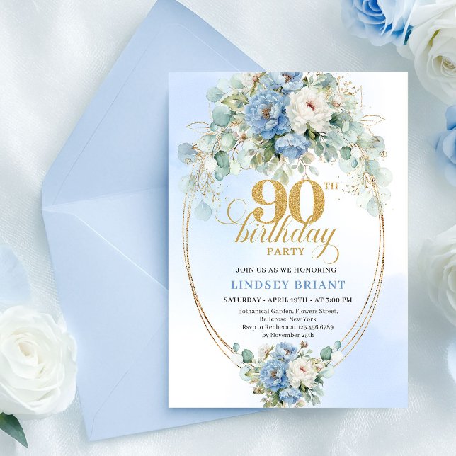 Invitation Anniversaire 90 Ans Cadre Or Peony Bleu (Stylish Blue Peony Gold Frame 90th Birthday Invite

)