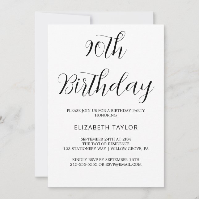 Invitation Anniversaire 90 ans Calligraphie Noir Intemporel  (Devant)