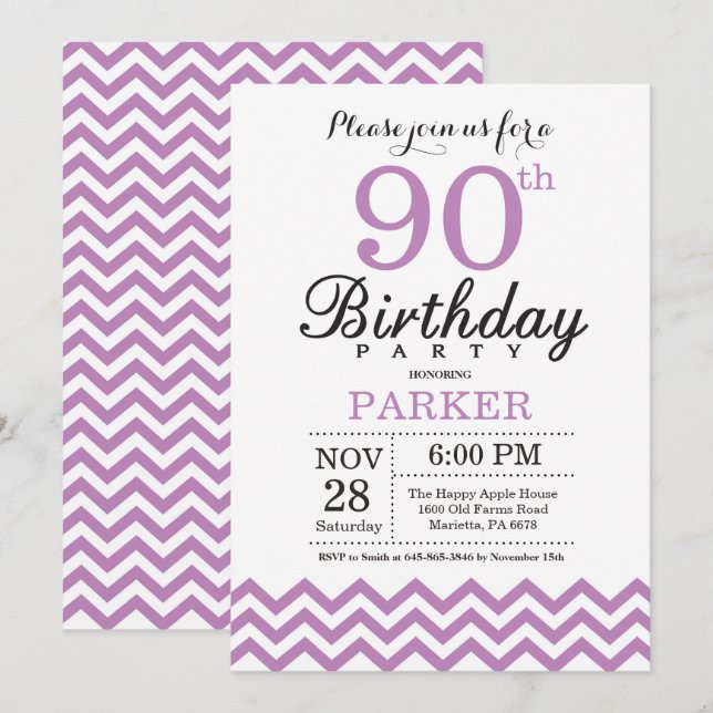 Invitation Anniversaire 90 Ans Chevron Violet (Devant / Derrière)