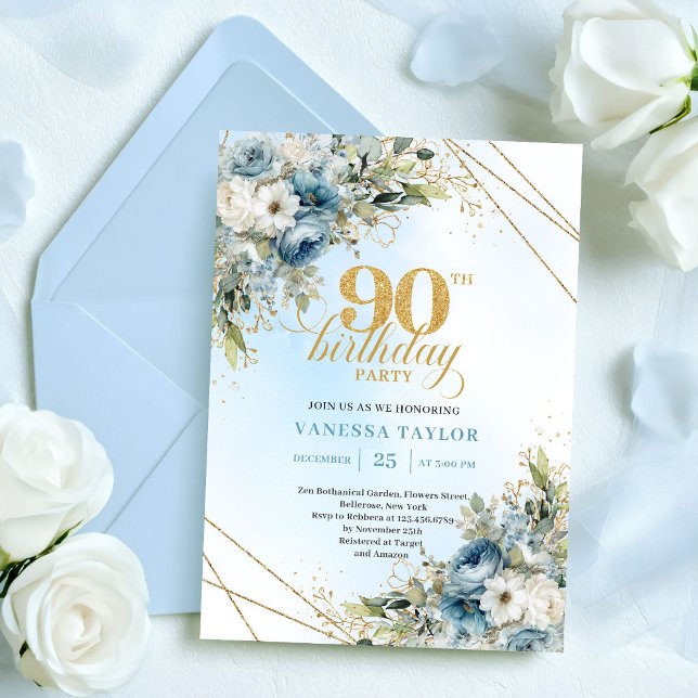Invitation Anniversaire 90 ans Chic Dusty Blue Whi (Chic Dusty Blue White Flowers 90th Birthday Invite

)