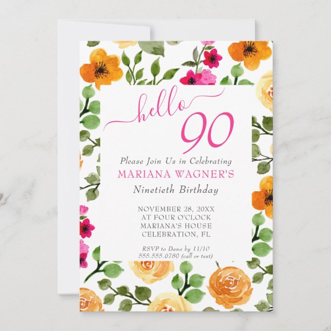 Invitation Anniversaire 90 ans écriture élégante florale oran (Devant)