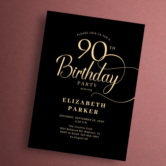 Invitation Anniversaire 90 ans élégant simple noir or écritur (Créateur téléchargé)