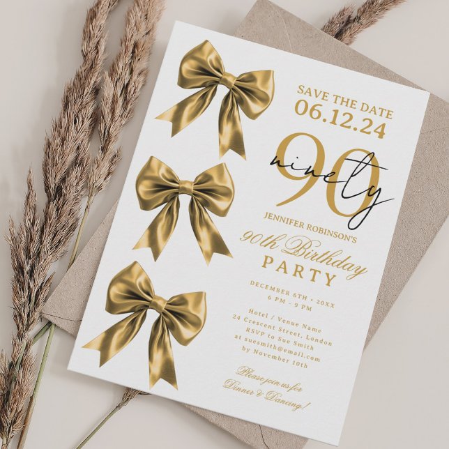 Invitation anniversaire 90 ans fête ruban coquette (Gold Coquette Bow Save Date 90th Birthday Party Invitation)