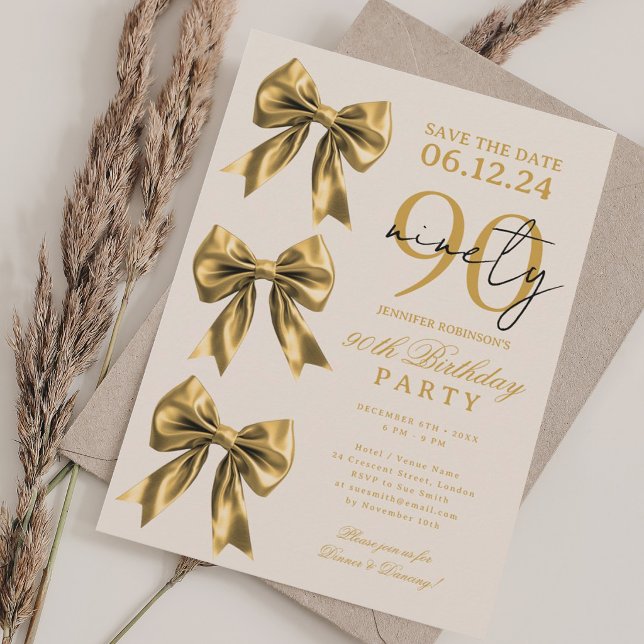 Invitation anniversaire 90 ans fête ruban coquette (Gold Coquette Bow Save Date 90th Birthday Party Invitation)