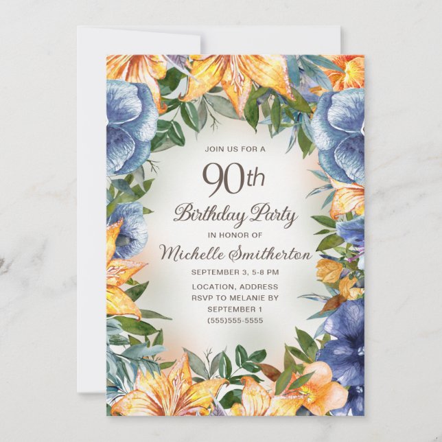 Invitation Anniversaire 90 ans Fleur Bleue Orange (Devant)