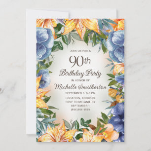Invitation Anniversaire 90 ans Fleur Bleue Orange