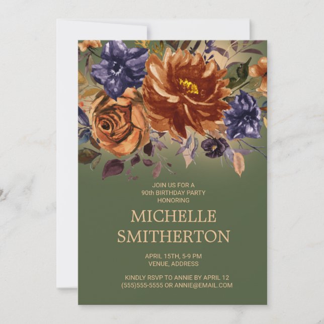 Invitation Anniversaire 90 ans Fleur Orange Bleu Floral Vert  (Devant)