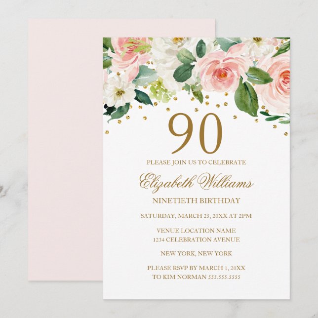 Invitation Anniversaire 90 Ans Fleurie Aquarelle O (Devant / Derrière)