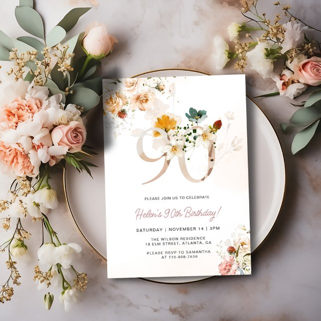 Invitation Anniversaire 90 Ans Fleurie Rose et Or (Créateur téléchargé)