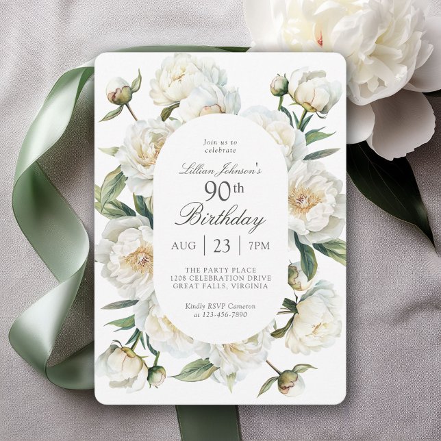 Invitation Anniversaire 90 Ans Fleurs de Pivoines  (Available in both printed and instant download digital formats.)