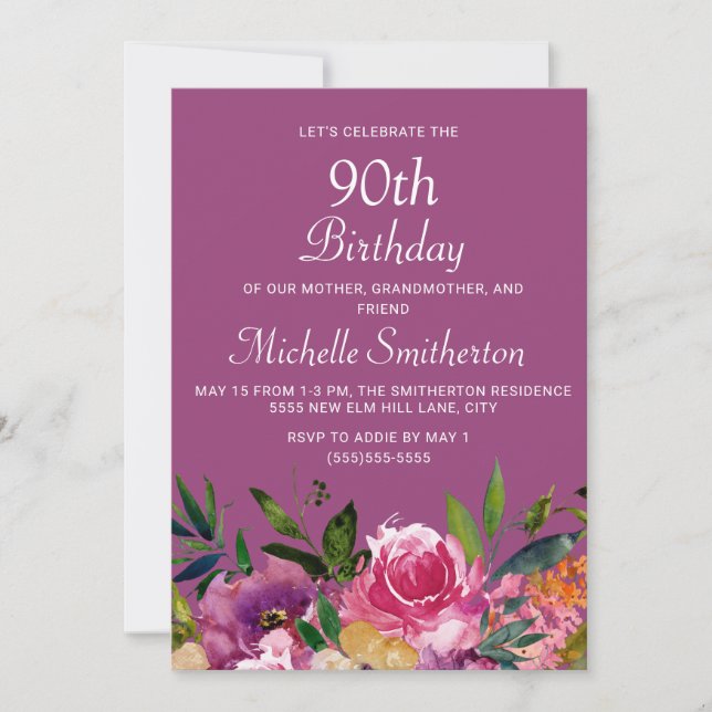 Invitation Anniversaire 90 ans Fleurs Rose Violet Jaune (Devant)