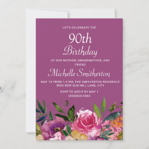 Invitation Anniversaire 90 ans Fleurs Rose Violet Jaune