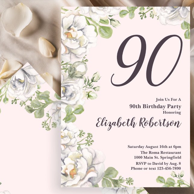 Invitation Anniversaire 90 Ans Fleurs Roses Pâles  (Créateur téléchargé)