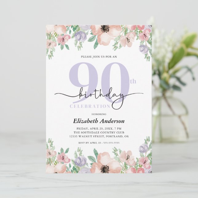 Invitation Anniversaire 90 Ans Floral Pastel Élégant (Debout devant)