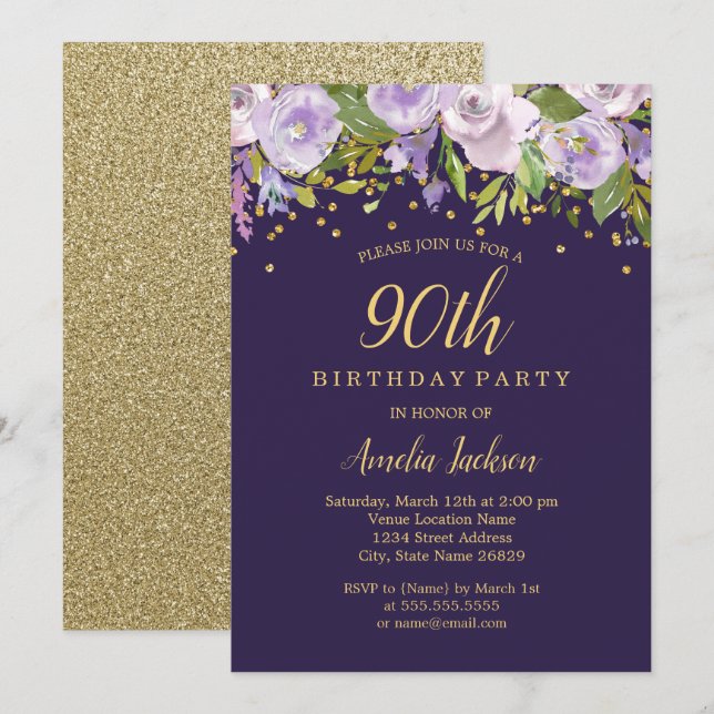 Invitation anniversaire 90 ans Floral Violet Paill (Devant / Derrière)