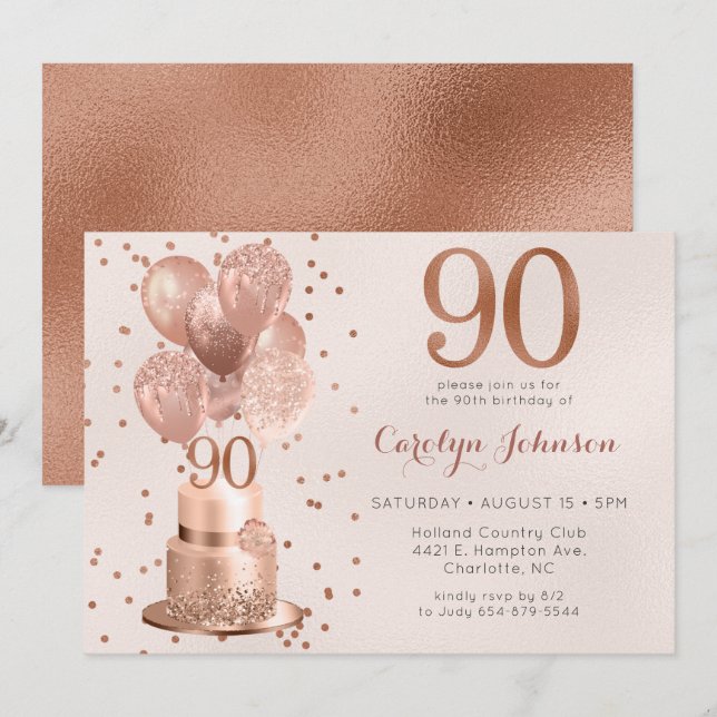 Invitation Anniversaire 90 Ans Gâteau Rose Gold (Devant / Derrière)
